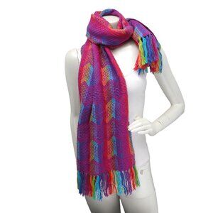 Alpaca Wool Rainbow Knit Scarf Striped Peru Handmade Purple Pink Tasseled Warm